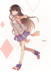 Rule 34 | 1girl, blurry, boots, bow, breasts, brown eyes, brown hair, character name, closed mouth, depth of field, detached sleeves, diamond (shape), eyebrows, full body, headphones, kokone (vocaloid), long hair, looking at viewer, miniskirt, mouri, pink bow, pink ribbon, pink scarf, pleated skirt, purple skirt, ribbon, running, scarf, skirt, smile, solo, vocaloid, white background