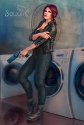 Rule 34 | 1girl, ankle boots, belt, boots, breasts, control (game), crop top, denim, full body, gun, handgun, jacket, jeans, jesse faden, leather, leather jacket, low ponytail, midriff, monochrome, open clothes, open jacket, pants, ponytail, shirt, small breasts, solo, taut clothes, taut shirt, teeth, toned, upper teeth only, weapon