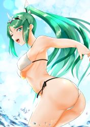Rule 34 | 1girl, artist request, ass, bare shoulders, bikini, blush, breasts, green eyes, green hair, hair ornament, hairband, highres, large breasts, long hair, looking at viewer, nintendo, one eye closed, open mouth, pneuma (xenoblade), ponytail, shiny skin, sideboob, smile, solo, swimsuit, very long hair, xenoblade chronicles (series), xenoblade chronicles 2