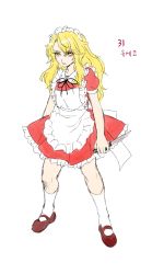 Rule 34 | 1girl, absurdres, angry, apron, black ribbon, blonde hair, brown footwear, closed mouth, collared dress, commentary request, derivative work, dress, eyelashes, frilled apron, frilled dress, frills, full body, highres, holding, holding knife, kneehighs, knife, korean commentary, kuya (hey36253625), long hair, looking at viewer, maid, maid apron, maid headdress, mystic square, puffy short sleeves, puffy sleeves, red dress, ribbon, short sleeves, simple background, socks, standing, touhou, touhou (pc-98), translation request, white apron, white background, white socks, yellow eyes, yumeko (touhou)
