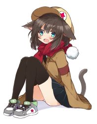 Rule 34 | 1girl, absurdres, animal ears, black skirt, black thighhighs, blush, brown hair, brown sweater, cat ears, cat tail, commentary, cross-laced footwear, dorothy (tadashi), dorothy (tadashi1013), flat cap, green eyes, grey footwear, hat, highres, legs, long sleeves, looking at viewer, medium hair, miniskirt, open mouth, original, pan koujou, panties, pantyshot, pleated skirt, red scarf, scarf, school uniform, shadow, shoes, simple background, sitting, skirt, smile, sneakers, solo, sweater, tail, thighhighs, underwear, v-neck, white background, white panties, yellow hat