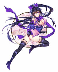 Rule 34 | 1girl, :o, ass, black gloves, black hair, black thighhighs, blush, bow, breasts, commission, elbow gloves, fishnets, full body, gloves, hair bow, hair ornament, high heels, holding, holding weapon, kunai, large breasts, leg up, looking back, munlu (wolupus), ninja, original, ponytail, purple bow, purple eyes, purple footwear, purple scarf, scarf, skeb commission, solo, thighhighs, unaligned breasts, weapon