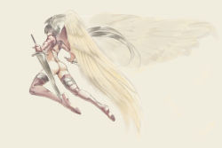 Rule 34 | 1girl, angel wings, ass, bad id, bad pixiv id, boots, closed mouth, commentary request, final fantasy, final fantasy tactics, gloves, head wings, highleg, leotard, long hair, momigara (mmgrkmnk), muscular, red thighhighs, silver hair, simple background, solo, sword, thigh boots, thighhighs, ultima (fft), weapon, wings