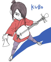 Rule 34 | 1boy, 2017, black hair, commentary request, english text, eyepatch, hair over one eye, holding, holding instrument, instrument, kubo (kubo and the two strings), kubo and the two strings, kumagai haito, looking at viewer, red robe, robe, sandals, shadow, shamisen, smile, solo, solo focus, white background