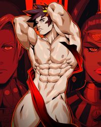 Rule 34 | 1boy, abs, arms behind head, artist name, bara, black hair, black sclera, colored sclera, completely nude, convenient censoring, green eyes, hades (series), hades 1, heterochromia, large pectorals, laurel crown, male focus, megaera (hades), muscular, muscular male, navel, nipples, nude, parted lips, pectorals, red eyes, short hair, thanatos (hades), xelgot, zagreus (hades)