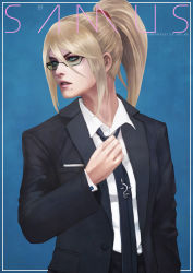 Rule 34 | 1girl, 2021, absurdres, bespectacled, black-framed eyewear, black jacket, black necktie, blazer, blonde hair, blue-tinted eyewear, blue background, blue eyes, character name, collared shirt, commentary, cuff links, english commentary, eyelashes, fake facial hair, fake mustache, glasses, hair ornament, hair pulled back, hair scrunchie, highres, jacket, june, lips, long hair, makeup, mascara, metroid, mismatched eyebrows, mole, mole under mouth, monori rogue, necktie, nintendo, nose, office lady, parted lips, pink lips, ponytail, red scrunchie, samus aran, scrunchie, shirt, solo, teeth, thick eyebrows, tie clip, tinted eyewear, upper body, upper teeth only, white shirt