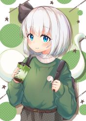Rule 34 | 1girl, absurdres, adapted costume, belt, belt buckle, black ribbon, blush, bob cut, buckle, closed mouth, contemporary, cup, disposable cup, fingernails, frills, green nails, green sweater, hair ribbon, highres, holding, holding cup, konpaku youmu, konpaku youmu (ghost), long fingernails, long sleeves, multicolored background, nail polish, plaid, puffy long sleeves, puffy sleeves, ribbon, short hair, silver hair, sleeves past wrists, smile, solo, star (symbol), suguharu86, sweater, touhou, upper body