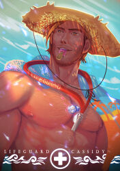 Rule 34 | 1boy, abs, bara, beard, brown hair, cassidy (overwatch), chest hair, dark-skinned male, dark skin, facial hair, fuge oni666, hat, highres, large pectorals, lifeguard, lifeguard cassidy, looking ahead, male focus, mature male, muscular, muscular male, mustache, nipples, nude, overwatch, overwatch 1, pectorals, short hair, smile, solo, sunlight, thick eyebrows, underwater, upper body, whistle, whistle around neck