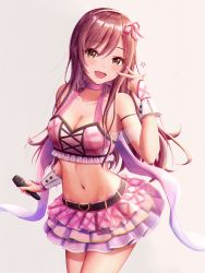 Rule 34 | 1girl, absurdres, bare shoulders, blush, breasts, brown hair, cleavage, collarbone, crop top, frilled skirt, frills, hair ribbon, hairband, highres, holding, holding microphone, idolmaster, idolmaster shiny colors, long hair, looking at viewer, masuku (saint mask), microphone, midriff, navel, neck ribbon, open mouth, osaki amana, ribbon, skirt, sleeveless, smile, solo, standing, swept bangs, v, yellow eyes
