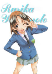 Rule 34 | 1girl, absurdres, black necktie, blazer, blue jacket, brown eyes, brown hair, character name, cursive, emblem, fang, feet out of frame, grey skirt, hand on own hip, highres, jacket, kai tomohisa, long sleeves, looking at viewer, medium hair, miniskirt, necktie, non-web source, one eye closed, open mouth, sentimental graffiti, skirt, solo, standing, v, yamamoto rurika
