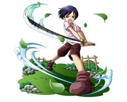 Rule 34 | 1girl, black eyes, blue hair, bodskih, boots, brown footwear, brown shorts, full body, holding, holding sword, holding weapon, katana, kuina, leaf, one piece, one piece treasure cruise, open mouth, pink shirt, shirt, short hair, short sleeves, shorts, simple background, solo, standing, sword, transparent background, weapon