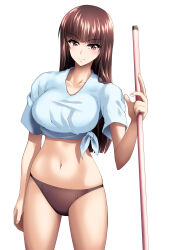 Rule 34 | 1girl, bikini, bikini bottom only, black bikini, blunt bangs, broom, brown eyes, brown hair, closed mouth, commentary, cowboy shot, front-tie top, girls und panzer, highres, holding, holding broom, long hair, looking at viewer, miraino tsubasa, navel, nishizumi shiho, no pants, shirt, simple background, smile, solo, standing, straight hair, swimsuit, t-shirt, white background, white shirt