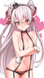 Rule 34 | 1girl, amatsukaze (kancolle), black panties, blush, breasts, brown eyes, closed mouth, commentary request, cowboy shot, garter straps, gloves, hair between eyes, hair tubes, heart, highres, kantai collection, konnyaku (kk-monmon), long hair, looking at viewer, medium breasts, navel, panties, silver hair, simple background, sketch, solo, standing, two side up, underwear, underwear only, very long hair