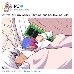 Rule 34 | 2girls, 500 dollar four foot tall mareep (meme), bare shoulders, bed, blanket, blue hair, closed mouth, dark-skinned female, dark skin, detached sleeves, english text, google chrome, google chrome (merryweather), highres, hinghoi, holding, hug, internet explorer (webcomic), long hair, looking at another, lying, meme, merryweather, multicolored hair, multiple girls, pc (personification), personification, product girl, ram (computer), red hair, satire, short hair, text focus, truth, twitter, twitter username