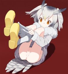 Rule 34 | 10s, 1girl, ass, bad id, bad pixiv id, brown eyes, cleft of venus, clothes pull, coat, doremi (doremi4704), full body, fur collar, gradient hair, grey hair, head wings, kemono friends, long sleeves, lying, multicolored hair, no panties, northern white-faced owl (kemono friends), pantyhose, pantyhose pull, pulling own clothes, pussy, red background, shoe soles, shoes, solo, tail, white hair, white pantyhose, wings, yellow footwear
