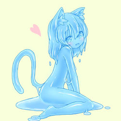 Rule 34 | 1girl, :d, animal ear fluff, animal ears, blue eyes, blue hair, blue sclera, blue skin, blush, cat ears, cat girl, cat tail, colored sclera, colored skin, curss, fang, from side, head tilt, heart, looking to the side, medium hair, monster girl, navel, nude, open mouth, original, simple background, skin fang, slime girl, smile, solo, tail, yellow background