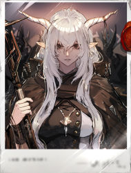 Rule 34 | 1girl, arknights, breasts, brown eyes, cloak, hair between eyes, holding, holding weapon, horns, jewelry, long hair, necklace, parted lips, pointy ears, ponytail, ryuuzaki ichi, shining (arknights), silver hair, solo, very long hair, weapon