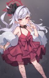 Rule 34 | 1girl, black flower, blue archive, blush, breasts, commentary request, dress, earrings, fishnet pantyhose, fishnets, flower, grey hair, grin, hair flower, hair ornament, halo, hand up, highres, jewelry, layered dress, long hair, looking at viewer, miya (miyaruta), mutsuki (blue archive), mutsuki (dress) (blue archive), one side up, pantyhose, pleated dress, pointy ears, purple eyes, red dress, red eyes, sleeveless, sleeveless dress, small breasts, smile, solo, swept bangs, v, very long hair, white hair