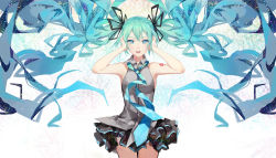 Rule 34 | 1girl, :d, absurdly long hair, armpits, arms up, bare shoulders, black ribbon, black skirt, blue eyes, blue hair, blue necktie, blush, collared shirt, covering own ears, cowboy shot, criin (659503), grey shirt, hair ribbon, hatsune miku, long hair, looking at viewer, matching hair/eyes, necktie, open mouth, ribbon, shirt, simple background, skirt, sleeveless, sleeveless shirt, smile, solo, standing, tattoo, very long hair, vocaloid, white background