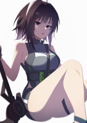 Rule 34 | 1girl, arknights, bare arms, bare legs, bare shoulders, black eyes, black hair, black shorts, breasts, commentary, feet out of frame, grey background, grey shirt, highres, la pluma (arknights), large breasts, looking at viewer, parted lips, shirt, short hair, short shorts, shorts, simple background, sitting, sleeveless, sleeveless shirt, solo, teagun, thick thighs, thigh strap, thighs