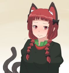 Rule 34 | 1girl, alternate hairstyle, animal ears, blunt bangs, blush, braid, cat ears, cat girl, cat tail, dai (touhou handdrawn), face, female focus, gazacy (dai), kaenbyou rin, long hair, long sleeves, multiple tails, pointy ears, puffy sleeves, red eyes, red hair, solo, tail, touhou, twin braids
