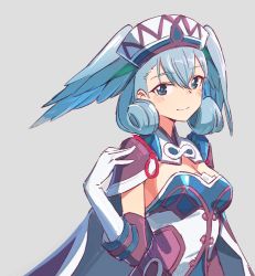 Rule 34 | 1girl, blue eyes, blush, breasts, cape, curly hair, elbow gloves, gloves, hair ornament, hat, head wings, highres, long hair, looking at viewer, medium breasts, melia antiqua, nintendo, silver hair, simple background, smile, solo, tugo, wings, xenoblade chronicles (series), xenoblade chronicles 1