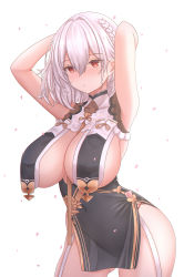 Rule 34 | 1girl, armpits, arms behind head, arms up, azur lane, bare shoulders, blush, braid, breast curtains, breasts, china dress, chinese clothes, cleavage, dress, flower, garter straps, gatchapowa, grey dress, hair flower, hair ornament, highres, large breasts, looking at viewer, official alternate costume, pelvic curtain, red eyes, revealing clothes, revision, short hair, side braid, sideboob, sirius (azur lane), sirius (azure horizons) (azur lane), solo, thighs, white hair, white legwear