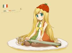 Rule 34 | 1girl, :3, aqua eyes, bad id, bad pixiv id, blonde hair, blue eyes, dress, food, food-themed clothes, food on head, fork, hazuki (pacco), italy, kneeling, long hair, mini person, minigirl, object on head, on plate, original, oversized object, pantyhose, pasta-chan, personification, plate, sad, sitting, solo, tears, tomato
