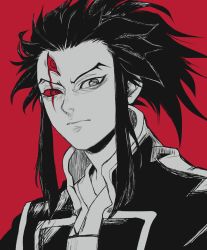 Rule 34 | 1boy, absurdres, closed mouth, commentary, dororo (tezuka), florbetriz, highres, looking at viewer, male focus, portrait, red background, scar, scar across eye, serious, sidelocks, simple background, solo, spiked hair, spoilers, spot color, tahoumaru, third eye, tsurime, v-shaped eyebrows
