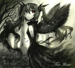 Rule 34 | 1girl, black dress, black hair, dress, flower, gia, gloves, hatsune miku, highres, long hair, red eyes, rose, solo, tattoo, branch, twintails, vocaloid, wings