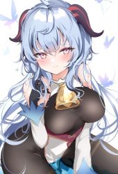 Rule 34 | 1girl, bare shoulders, bell, black legwear, blue hair, blush, bodystocking, bow, breasts, bug, butterfly, closed mouth, full body, ganyu (genshin impact), genshin impact, horns, insect, large breasts, long hair, looking at viewer, on floor, pon (ponidrop), purple eyes, rope, smile, solo, white background