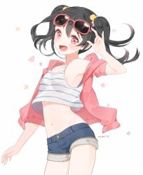 Rule 34 | 10s, 1girl, :d, arm up, artist name, bad id, bad pixiv id, black hair, blush, eyewear on head, heart, jacket, long hair, looking at viewer, love live!, love live! school idol festival, love live! school idol project, marin (myuy 3), navel, no bra, open mouth, red eyes, short shorts, shorts, simple background, smile, solo, star (symbol), sunglasses, tank top, twintails, white background, yazawa nico