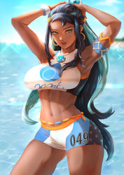 Rule 34 | 1girl, abs, aqua eyes, armband, armpits, arms behind head, arms up, bad id, bad pixiv id, bikini, black hair, blue hair, blurry, blurry background, breasts, commentary, creatures (company), dark-skinned female, dark skin, day, earrings, game freak, gym leader, hair ornament, hoop earrings, jewelry, large breasts, lips, long hair, looking at viewer, multicolored hair, navel, necklace, nessa (pokemon), nintendo, outdoors, parted lips, pokemon, pokemon swsh, shorts, sidelocks, simple background, sky, sleeveless, solo, stomach, supullim, swimsuit, tankini, water, wristband