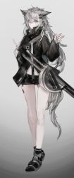 Rule 34 | 1girl, absurdres, animal ears, arknights, bare legs, black footwear, black jacket, closed mouth, commentary, full body, gnggp, gradient background, grey background, grey eyes, hair between eyes, hair ornament, hairclip, highres, jacket, lappland (arknights), light smile, long hair, looking at viewer, material growth, open clothes, open jacket, oripathy lesion (arknights), scar, scar across eye, scar on face, shoes, short shorts, shorts, silver hair, simple background, solo, standing, sword, tail, waving, weapon, wolf ears, wolf girl, wolf tail