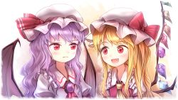 Rule 34 | 2girls, :d, alternate hair length, alternate hairstyle, ascot, bat wings, blonde hair, blush, bow, brooch, collar, fang, fang out, flandre scarlet, frilled collar, frilled shirt collar, frills, frown, hat, hat bow, jewelry, light purple hair, long hair, looking at another, minust, mob cap, multiple girls, open mouth, puffy short sleeves, puffy sleeves, raised eyebrow, red eyes, red vest, remilia scarlet, shirt, short sleeves, siblings, sisters, slit pupils, smile, touhou, upper body, vest, wavy hair, white shirt, wings