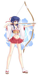 Rule 34 | 00s, 1girl, aiming, arrow (projectile), bad id, bad pixiv id, blue hair, bow (weapon), clannad, drawing bow, holding bow (weapon), japanese clothes, long hair, midriff, miniskirt, ritomo, sagara misae, sandals, skirt, solo, tabi, weapon, yellow eyes