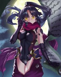 Rule 34 | 1girl, android, black hair, breasts, cloud, fate/grand order, fate (series), full moon, high ponytail, highres, intes, joints, katou danzou (fate), large breasts, leotard, long hair, mechanical arms, moon, night, night sky, ninja, outdoors, ponytail, red scarf, robot joints, scarf, sky, solo, yellow eyes