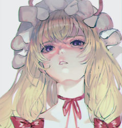 Rule 34 | 1girl, blonde hair, blurry, blurry background, bow, choker, chromatic aberration, collarbone, eyelashes, hair between eyes, hair bow, hat, hat ribbon, light frown, long hair, looking at viewer, mob cap, mochacot, neck, parted lips, pink lips, portrait, purple eyes, red bow, red ribbon, ribbon, ribbon choker, sidelocks, simple background, sketch, solo, touhou, white background, white hat, yakumo yukari
