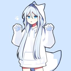 Rule 34 | 1girl, animal hood, arms up, blue background, blue eyes, blue hair, blush, commentary request, cowboy shot, drawstring, fake tail, fox hood, fox tail, hood, hood up, hoodie, long hair, looking at viewer, open mouth, oversized clothes, paw pose, paw print, paw sleeves, project sekai, simple background, solo, tail, very long hair, waka (wk4444), white hoodie, yoisaki kanade