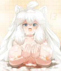 Rule 34 | 1girl, animal ear fluff, animal ears, areola slip, bath, blush, breasts, commentary request, completely nude, fang, grey eyes, highres, huge breasts, kemono friends, lets0020, lion ears, lion girl, long hair, looking at viewer, medium bangs, nude, numbered, open mouth, skin fang, smile, soap bubbles, solo, tile wall, tiles, upper body, water, white hair, white lion (kemono friends)