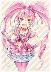 Rule 34 | 10s, 1girl, :d, blue eyes, blush, bow, choker, cure melody, curly hair, earrings, frills, hair bow, hairband, hands on own hips, houjou hibiki, jewelry, kurochiroko, long hair, magical girl, midriff, open mouth, pink hair, precure, ribbon, smile, solo, suite precure, thighhighs, twintails