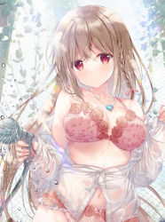 Rule 34 | 1girl, bare shoulders, blush, bow, bra, braid, breasts, brown hair, closed mouth, collared shirt, commentary request, dress shirt, hair between eyes, hair bow, heart, heart necklace, highres, holding, jewelry, long hair, long sleeves, looking at viewer, medium breasts, navel, necklace, off shoulder, open clothes, open shirt, original, panties, pink bow, pink bra, pink panties, red eyes, shirt, shower head, sleeves past wrists, smile, solo, sousouman, underwear, very long hair, water, white shirt