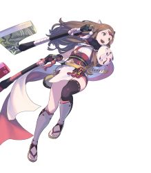 Rule 34 | 1girl, armor, asymmetrical legwear, asymmetrical sleeves, axe, battle axe, breasts, brown eyes, brown hair, detached sleeves, dual wielding, elbow gloves, enkyo yuuichirou, fingerless gloves, fire emblem, fire emblem fates, fire emblem heroes, fox mask, full body, gloves, hana (fire emblem), headband, highres, holding, holding weapon, japanese clothes, long hair, looking away, mask, medium breasts, ninja, nintendo, obi, official art, open mouth, pelvic curtain, sandals, sash, scarf, shin guards, shoulder armor, shuriken, smile, solo, sword, thighhighs, thighs, toes, transparent background, uneven legwear, uneven sleeves, weapon