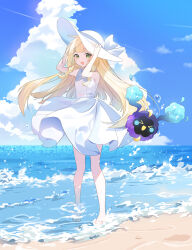 Rule 34 | 1girl, :d, bare shoulders, barefoot, beach, blonde hair, braid, coletta (colet colettia), cosmog, creatures (company), dress, full body, game freak, gen 7 pokemon, green eyes, hat, highres, legendary pokemon, lillie (pokemon), long sleeves, looking at viewer, nintendo, ocean, open mouth, partially submerged, pokemon, pokemon (creature), pokemon sm, sand, sleeveless, sleeveless dress, smile, twin braids, white dress, white hat