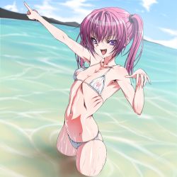 Rule 34 | 1girl, bikini, blush, breasts, female focus, inagaki, looking at viewer, nana asta deviluke, navel, nipples, ocean, open mouth, outdoors, purple eyes, purple hair, see-through, small breasts, smile, solo, standing, swimsuit, to love-ru, twintails, water, wet