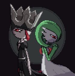 Rule 34 | 2girls, arm at side, back-to-back, backlighting, black pants, black shirt, bob cut, closed mouth, colored skin, cowboy shot, creatures (company), crown, dot mouth, female focus, flat chest, from side, game freak, gardevoir, gen 3 pokemon, gladias, green hair, green skin, grey background, grey headwear, half-closed eyes, hands up, highres, kindred fates, looking to the side, multicolored skin, multiple girls, nintendo, own hands together, pants, pixel art, pokemon, pokemon (creature), puffy short sleeves, puffy sleeves, red eyes, shirt, short hair, short sleeves, standing, two-tone skin, waist cape, white skin, wisgarus