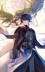 Rule 34 | 1boy, 1girl, armor, barefoot, black gloves, blue eyes, blue hair, book, braid, byleth (fire emblem), byleth (male) (fire emblem), cloak, cowboy shot, dress, eyes visible through hair, fire emblem, fire emblem: three houses, floating, gauntlets, gloves, green eyes, green hair, hair ornament, hair ribbon, high collar, highres, knife, long hair, looking at another, nintendo, pants, pointy ears, ribbon, short hair, simple background, smile, sothis (fire emblem), thighs, twin braids, twintails, white background, wristband, yukari