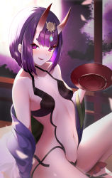 Rule 34 | 1girl, absurdres, alcohol, bad id, bad pixiv id, bare shoulders, blush, cup, fang, fate/grand order, fate (series), full moon, hair between eyes, highres, holding, holding cup, horns, knee up, looking at viewer, medium hair, midriff, moon, navel, oni, parted lips, purple eyes, purple hair, revealing clothes, sakazuki, sake, shuten douji (fate), skin-covered horns, sman, smile, smug, solo, takom