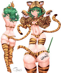 Rule 34 | 1girl, absurdres, animal print, ass, bikini, butt crack, cjhomics, curly hair, fake tail, from behind, gloves, green eyes, green hair, highres, hood, hoodie, looking at viewer, looking back, matching hair/eyes, multiple views, navel, one-punch man, short hair, simple background, soles, solo, swimsuit, tail, tatsumaki, thighhighs, tiger print, tiger print bikini, white background
