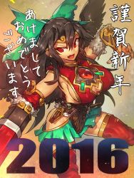 Rule 34 | 10s, 1girl, 2016, akeome, arm cannon, black hair, breasts, cleavage cutout, clothing cutout, female focus, happy new year, highres, jewelry, large breasts, long hair, melon22, new year, red eyes, reiuji utsuho, sideboob, solo, text focus, touhou, translation request, weapon